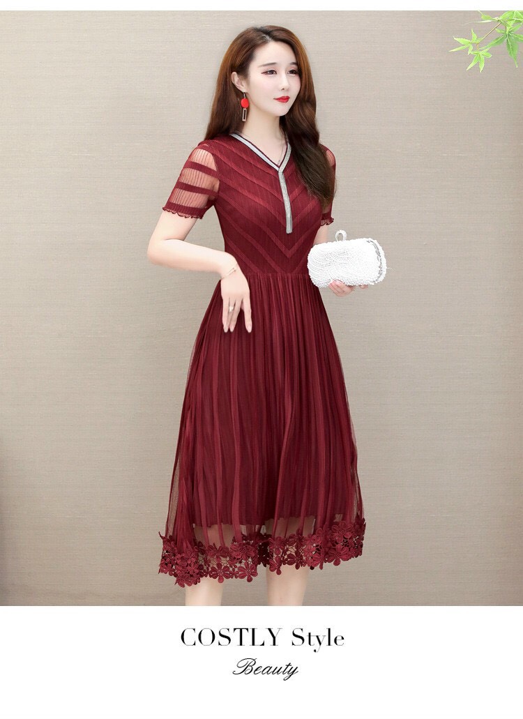 Đầm Dập Ly Phối Cổ Cườm Cao Cấp - HN907